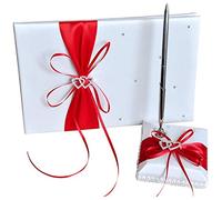 Senmubery Wedding Livre d'or avec Porte-Stylo Ensembles Satin Bows Signature Livre avec Diamants Amour Forme pour Décorations De Fête-Rouge Blanc