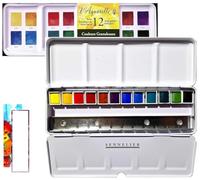 Sennelier Aquarelle Extra-Fines, selection couleurs granuleuses,12 Demi-Godets Boîte en métal et 2 cartes