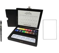 Sennelier Boîte de Peinture Aquarelle 16 demi-godets Coffret en bois Pinceau + Raphael SÉRIE 8056 N°4 ET 1 cartes postales aquarelle