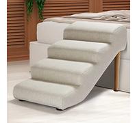 Senneny Escalier pour Chien en Imitation Lin et Cuir synthétique, imperméable, résistant aux Rayures, avec Mousse Haute densité et Pieds en Bois Amovibles, Lin Beige Clair, 4 marches