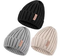 SENPUKI Lot de 3 bonnets d'hiver pour femme - Tricotés chauds - Tendance - Pour femme, noir + gris clair + beige, taille unique