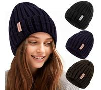 SENPUKI Lot de 3 bonnets d'hiver pour femme - Tricotés chauds - Tendance - Pour femme, Noir + vert armée + bleu marine, taille unique