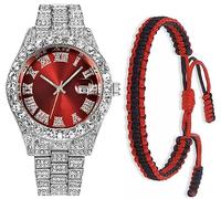 SENRUD Montre bracelet unisexe avec strass et strass style hip-hop, Argenté/rouge, Tendance