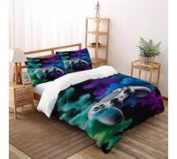 Sensation de fumée verte et bleue 3D Imprimé contrôleur de jeu Parure De Linge De Lit 3 Pièces Fonction De Comble En Microfibre 2 Oreillers Zipper Closure Double(200x200cm) Pour Adultes, Femmes