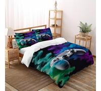 Sensation de fumée verte et bleue 3D Imprimé contrôleur de jeu Parure De Linge De Lit 3 Pièces Microfibre Pour 2 Oreillers Zipper Closure Super King(260x220cm) Pour Adultes, Femmes Et Enfants