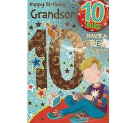 Sensations / Xpress Yourself Carte d'anniversaire pour petit-fils de 10 ans avec badge et enveloppe Motif joueur animé sur police bleue 22,8 x 15,3 cm