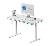 SENSE7 Bureau Informatique Nomo avec LED 120x60, Table de Jeu en Verre avec Ports USB-C et USB 3.0, Réglable en Hauteur avec Tiroir et Crochet, Idéal pour Gaming