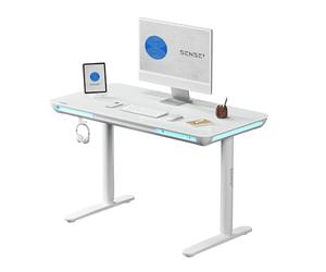 SENSE7 Bureau Informatique Nomo avec LED 120x60, Table de Jeu en Verre avec Ports USB-C et USB 3.0, Réglable en Hauteur avec Tiroir et Crochet, Idéal pour Gaming