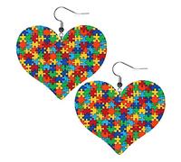 Sensibilisation à l'autisme Puzzle motif boucles d'oreilles en cuir pour les femmes balancent boucle d'oreille goutte coeur pendentif avec crochet cadeaux pour fille adulte