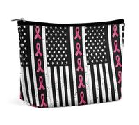 Sensibilisation au Cancer du Sein - Drapeau américain - Trousse de Maquillage pour Femmes - Trousse de Voyage en Cuir PU imperméable avec Fermeture éclair - Espoir, Force et Courage