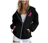 Sensibilisation au Cancer du Sein Femme Sweat à Capuche Cotton Sweatshirt avec Poches Hoodies Zippé Veste de Sport Casual Printemps Automne Octobre Ruban Rose Blousons