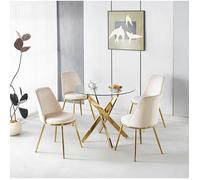 SENVIRO Ensemble salle a manger 5 pieces, 1 table et 4 chaises, velours, dossier haut ergonomique, pieds en metal dore, blanc creme