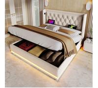 SENVIRO Lit coffre 160 x 200 cm capitonné it adulte hydraulique, USB Type-C, LED, beige