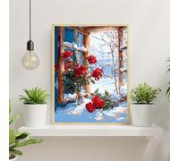 Paysage enneigé Peinture par Numéros pour Adulte,Roses rouges Kit de Peinture à l'huile sur Toile Bricolage avec Cadre,avec Peinture Acrylique et Pinceaux,pour Décoration de la Maison - 40x50cm