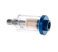 Séparateur huile eau 1/4 NPT, filtre pour outils pneumatiques | Construction associant plastique transparent, filtre en cuivre et capuchon en aluminium, avec évacuation intégrée.