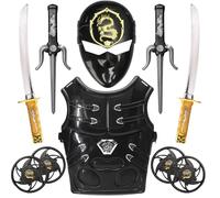 Sepco Ninja Warrior Lot de 10 armes de guerrier avec masque d'armure de poitrine pour jeu de rôle Ninja Accessoires de cosplay pour enfants Katanas SAIS jetant des étoiles Noir