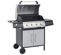 sephironlbb Barbecue à gaz 4 + 1 flammes noir et argent en acier et acier inoxydable avec surface de cuisson de 64 x 40 cm, allumage piézo, régulateur de température et bac récupérateur de graisse