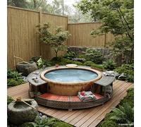 sephironlbb Bordure de spa en rotin synthétique gris avec espace de rangement, cadre en acier revêtu par pulvérisation et bois dur d'eucalyptus tropical, diamètre extérieur de 283 cm, pour jardin