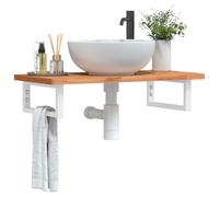 sephironlbb Étagère de Vasque Murale en Acier Blanc avec Plateau Bois Massif de hêtre 80x40 cm, Support Robuste pour Salle de Bain, Rangement Pratique pour Serviette et Accessoires sanitaires