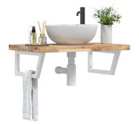 sephironlbb Étagère Murale pour Vasque en Acier Blanc et Bois Massif d'acacia 60x50 cm, Support trapèze Robuste 100 kg, Rangement Salle de Bain Suspendu, organise Serviettes et Accessoires sanitaires