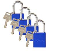 SEPOX® Lot de 4 cadenas d'extérieur à clé identique avec la même clé 38 mm de long en aluminium - Bleu - Chaque cadenas avec 2 clés pour portail, rangement, clôture