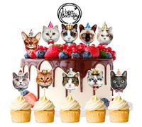 SEPSCO Decoration Gateau Anniversaire Chat 11Pièces, Cake Topper Chaton Cupcakes Ornements Gâteau Décorations Happy Birthday Gateau Deco pour Chats Thème Fête Decorations Kit Filles d'anniversaire