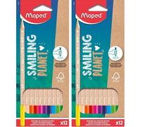Sept-- Crayons De Couleur Smiling Planet En Bois Naturel - 12 Crayons De Dessin Pour Enfants - Crayon Coloriage Triangulaire Ergonomique - Pochette De 12 Crayons Bois Certifiés Fsc (Lot De 2)