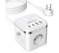 SEPT-Cube multiprise 7 en 1 avec câble de 2 m, 2 USB-A et 2 USB-C, multiprise cube 3 prises avec interrupteur, prise plate avec anneau de traction pour la maison/le bureau/les voyages, blanc