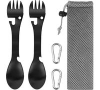 Sept-Cuillère Fourchette De Camping 2 Pcs Fourchette Cuillère 5 En 1 Cuillère Fourchette Décapsuleur En Acier Inox Multifonction Pour Randonnée Pique-Nique Avec 2 Pcs M4 Mousquetons Et Sac De Stockag