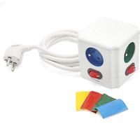 Sept-Fishtec Cube Multiprise Electrique 4 Prises Couleur Avec Interrupteur Individuel Pour Chaque Sortie - 12 Stickers Inclus - Cable 1.5m - Normes Nf - 9cm - Blanc