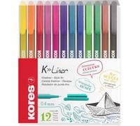 Sept-- K-Liner : Feutres Fins De Couleur Avec Pointe Fine De 0,4 Mm Pour L'écriture, Les Croquis Et Le Dessin, Pointe Gainée De Métal, Forme Triangulaire Ergonomique, Paquet De 12 Couleurs Assorties