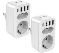 SEPT-Lot de 2 prises USB (4000 W) avec 3 chargeurs USB (2,4 A) et 1 port de type C (3 A), prise avec USB, adaptateur de prise 6 en 1, multiprise USB avec sécurité enfant