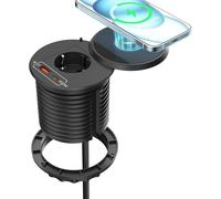 Sept-Multiprise Encastrable Avec Charge Sans Fil Usb C Et 10 W - Prise Escamotable Pour Plan De Travail De Cuisine - Câble De 1,8 M - Diamètre : 80 Mm - Noir