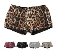 Sequin - Short d'été à paillettes pour femme - Élégant - Coupe ajustée - Taille élastique - Sexy - Motif léopard - Mini short Y2K Streetwear - Tendance - Slim, Noir , L