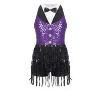 Sequins Fringe Latin Dance Leotard Dress Tassels Jazz Tango Salsa Samba Rumba Performance Costume Dancewear(Purple C,12)