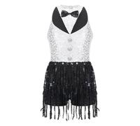 Sequins Fringe Latin Dance Leotard Dress Tassels Jazz Tango Salsa Samba Rumba Performance Costume Dancewear(White C,6)