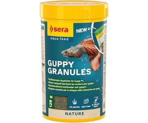 Sera Guppy Granules 250 ML (120 g) | Aliment Composé Digeste pour Guppys et Poeciliidés sans Colorants ni Conservateurs | Granulés Nutritifs avec Spiruline et Minéraux Naturels