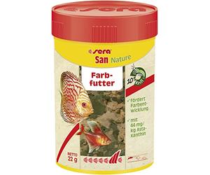 Sera San Nature Nourriture colorante 100 ML (22 g) | pour Poissons d'ornement Qui mangent de Surface | sans colorants ni conservateurs artificiels | avec 10% de Krill et d'algues Haematocoque | pour