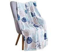 Serafina Home Couverture décorative Ocean Life Coastal : Polaire en Velours Doux et Doux, Teintes de Bleu Beige sur Blanc, Accent pour canapé, Chaise, lit ou dortoir (Coquillages côtiers)