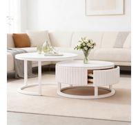 SeraphicCharm Blanche Table Basse Ronde avec Rangement Tiroir Marbre Table Basse Gigogne Lot De 2 50+70cm Ronde Tables De Salon Basse Moderne Design pour Salon Appartement Bureau