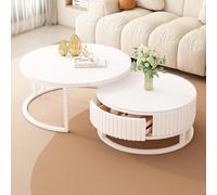 SeraphicCharm Table Basse Salon Ronde Blanche Table Basse Gigogne Lot De 2 Table Basse Marbre avec Tiroir De Rangement en Bois Moderne Design Table De Salon Extensible Blanc Laqué Cadre Métallique