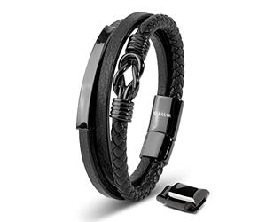 SERASAR Bracelet 17cm Noir Homme Cuir Bijoux Tressé Wrap Chaîne