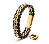 SERASAR | bracelet en cuir pour hommes [Steel] avec double acier inoxydable et fermeture magnétique | couleur : or | longueur : 23cm