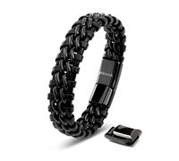 SERASAR Bracelet Cuir Homme Tressé Acier Inox Noir Argent Accessoires 20cm