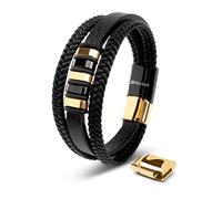 SERASAR Bracelet Cuir Homme Tressé Acier Inox Noir Or Gourmette Doré 20cm