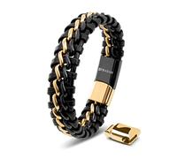 SERASAR Bracelet Cuir Homme Tressé Acier Inox Noir Or Gourmette Doré 20cm