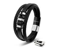 SERASAR Bracelet Cuir Homme Tressé Acier Inoxydable Noir Cadeau Bijoux 20cm