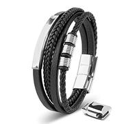 SERASAR Bracelet Cuir Homme Tressé Acier Inoxydable Noir Cadeau Bijoux 20cm