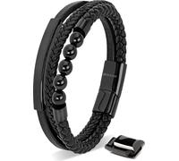 SERASAR | Bracelet en cuir de première qualité pour hommes [Pearl] avec acier inoxydable noir | Couleur : Noir | Longueur : 23cm