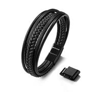 SERASAR Bracelet en Cuir Noir pour Homme 23cm - Bracelet Jonc en Cuir Tressé pour Homme